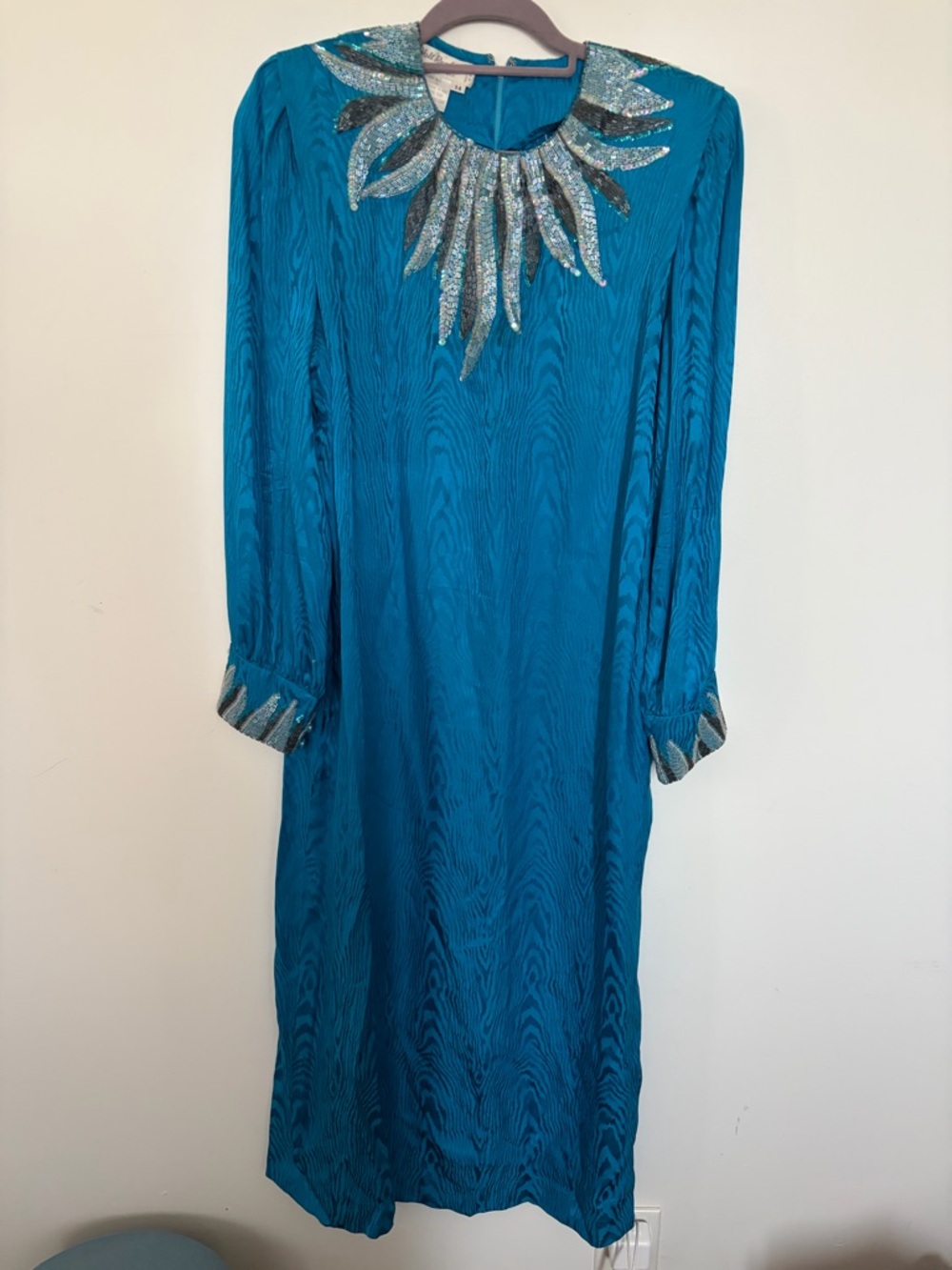 Vintage Holt Renfrew 100% Silk Teal Embellished Long Sleeve Dress - size 14